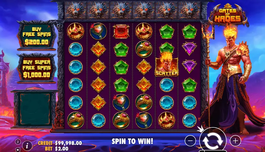 The base game grid with six rows of gem, ring and crown symbols, one scatter on the fifth reel, and two bonus-buy buttons priced at $200.00 and $1,000.00 The base game grid with six rows of gem, ring and crown