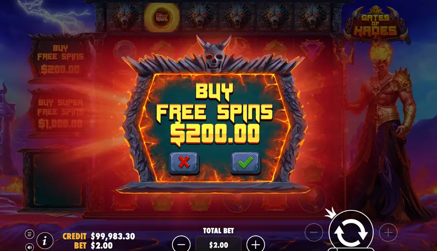 A confirmation dialog in Gates of Hades headed BUY FREE SPIN
