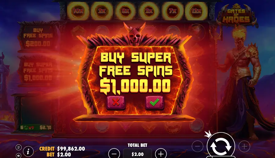 A confirmation dialog headed BUY SUPER FREE SPINS $1,000.00,