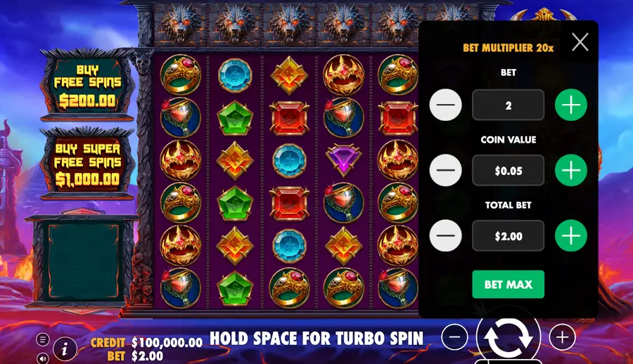 The bet panel headed BET MULTIPLIER 20x with fields reading