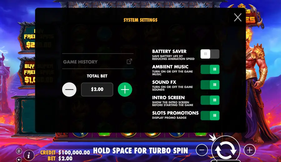 The settings window listing GAME HISTORY, TOTAL BET $2.00 with minus and plus controls, and toggles for battery saver, ambient music, sound effects, intro screen and slots promotions The settings window listing GAME HISTORY, TOTAL BET $2.00