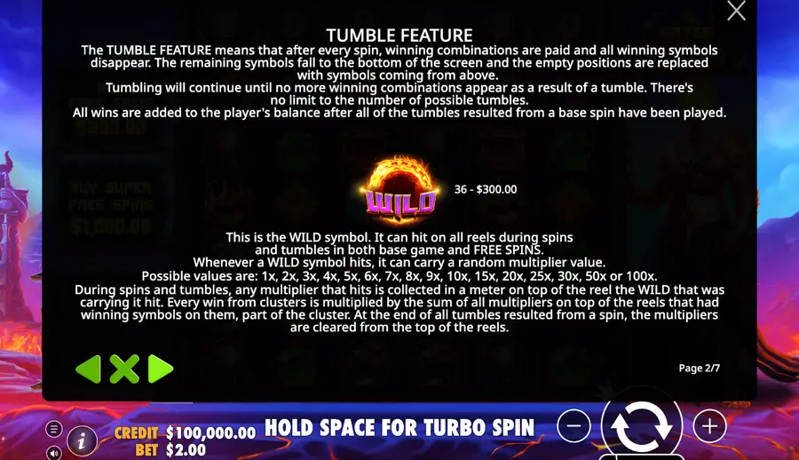 The second rules page describing the tumble feature and list