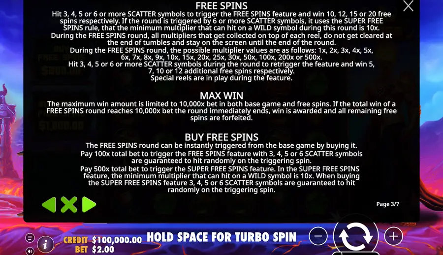 Rules page 3 of 7 in Gates of Hades showing the scatter ladd