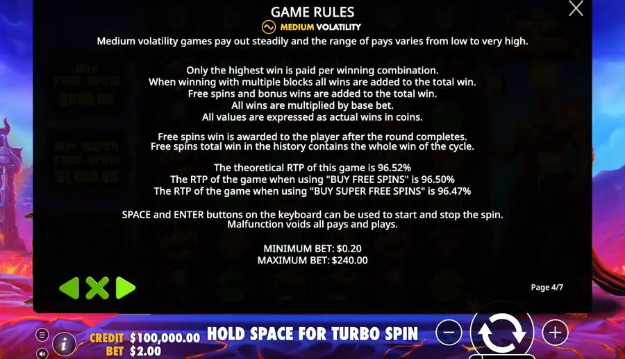The fourth rules page headed by a medium volatility badge, listing a theoretical return of 96.52%, 96.50% with bought free spins and 96.47% with bought super free spins The fourth rules page headed by a medium volatility badge