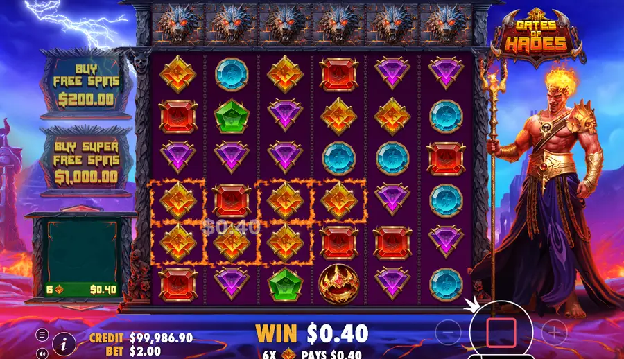 Six connected orange symbols paying $0.40 on a $2 stake