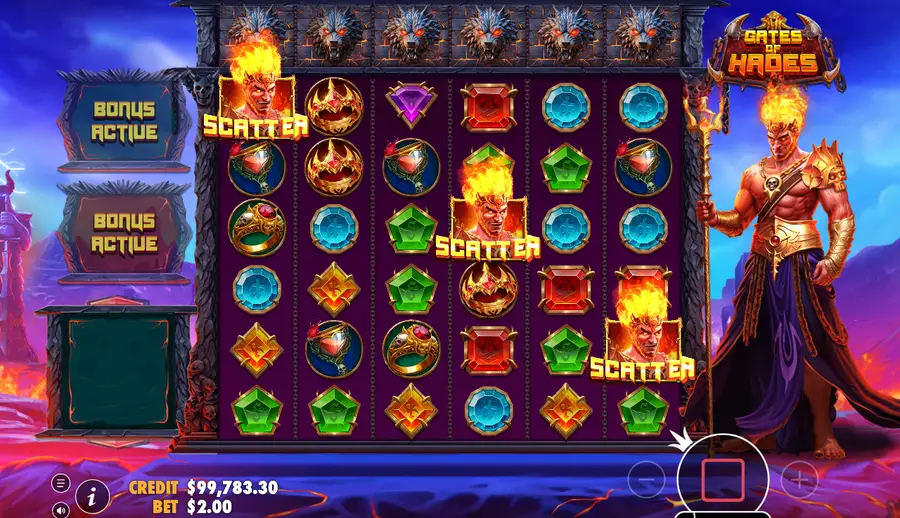 Three scatter symbols on reels one, four and six of Gates of Hades, with the two purchase panels replaced by the words BONUS ACTIVE and CREDIT reading $99,783.30 Three scatter symbols on reels one, four and six of Gates