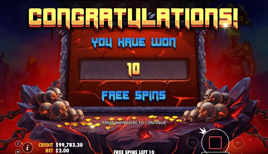 Ten free spins awarded on screen, with FREE SPINS LEFT 10 at the foot and PRESS ANYWHERE TO CONTINUE beneath the message Ten free spins awarded on screen, with FREE SPINS LEFT 10