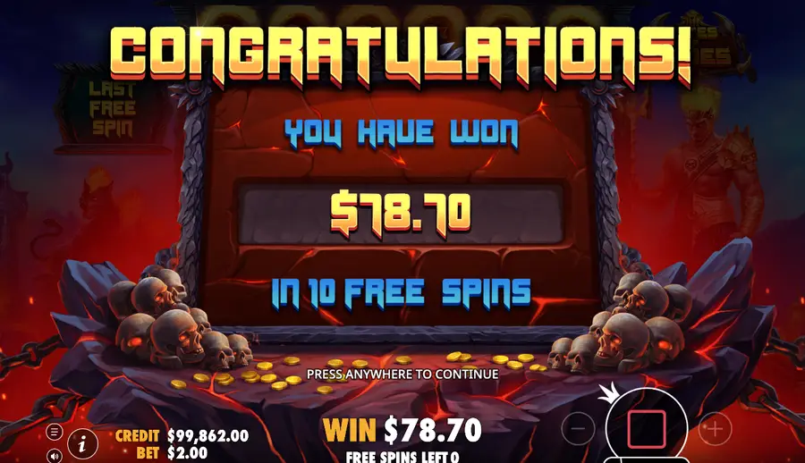Total win of $78.70 over ten free spins, with CREDIT $99,862.00 and FREE SPINS LEFT 0 below Total win of $78.70 over ten free spins, with CREDIT
