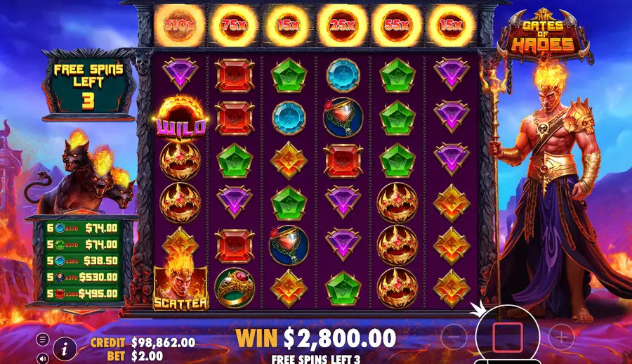 Six multiplier meters reading 310x, 75x, 15x, 25x, 55x and 15x above the reels during a super free spins round with three spins left Six multiplier meters reading 310x, 75x, 15x, 25x, 55x and